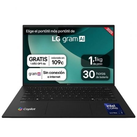 Portátil LG Gram 14ZD90T-G.AX88B Intel Core Ultra 7-255H/ 32GB/ 1TB SSD/ 14'/ Sin Sistema Operativo
